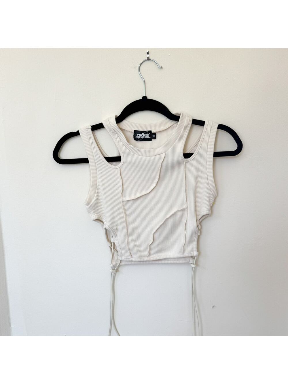 Y2K 4 Tears Ribbed Crop Tank Cutout Slash Lace Up Hem Cream White Size S